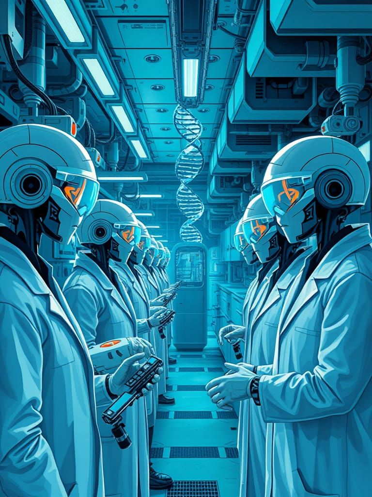 Futuristic Genetic Lab with AI Robots and Scientists