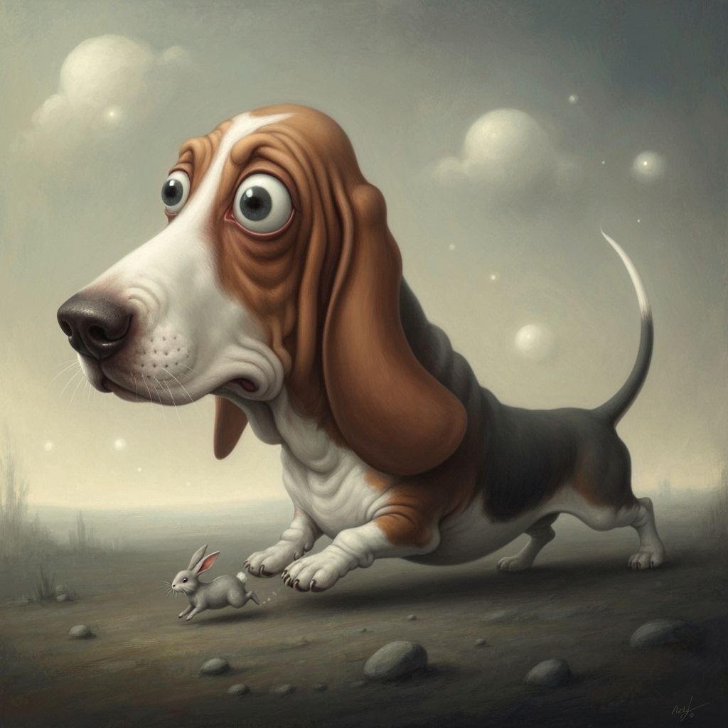 Surreal Basset Hound Chasing Rabbit in Dreamlike Landscape