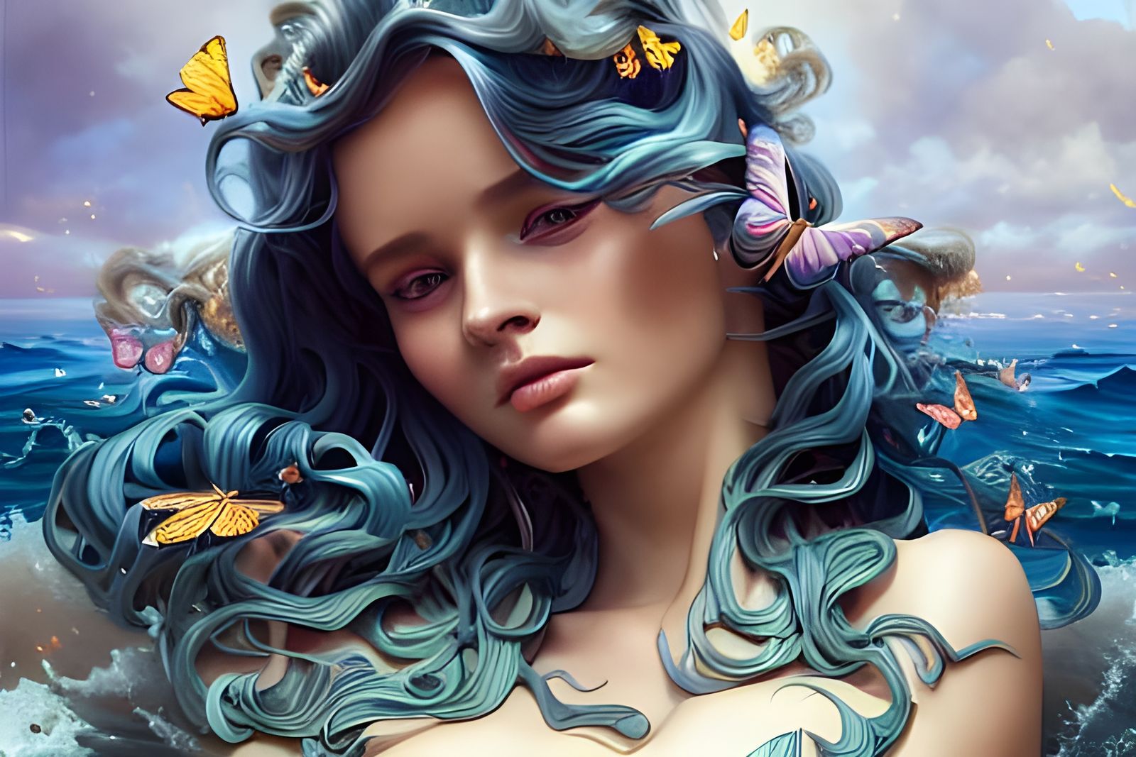 Ocean Goddess with Butterflies: Hyperdetailed Portrait