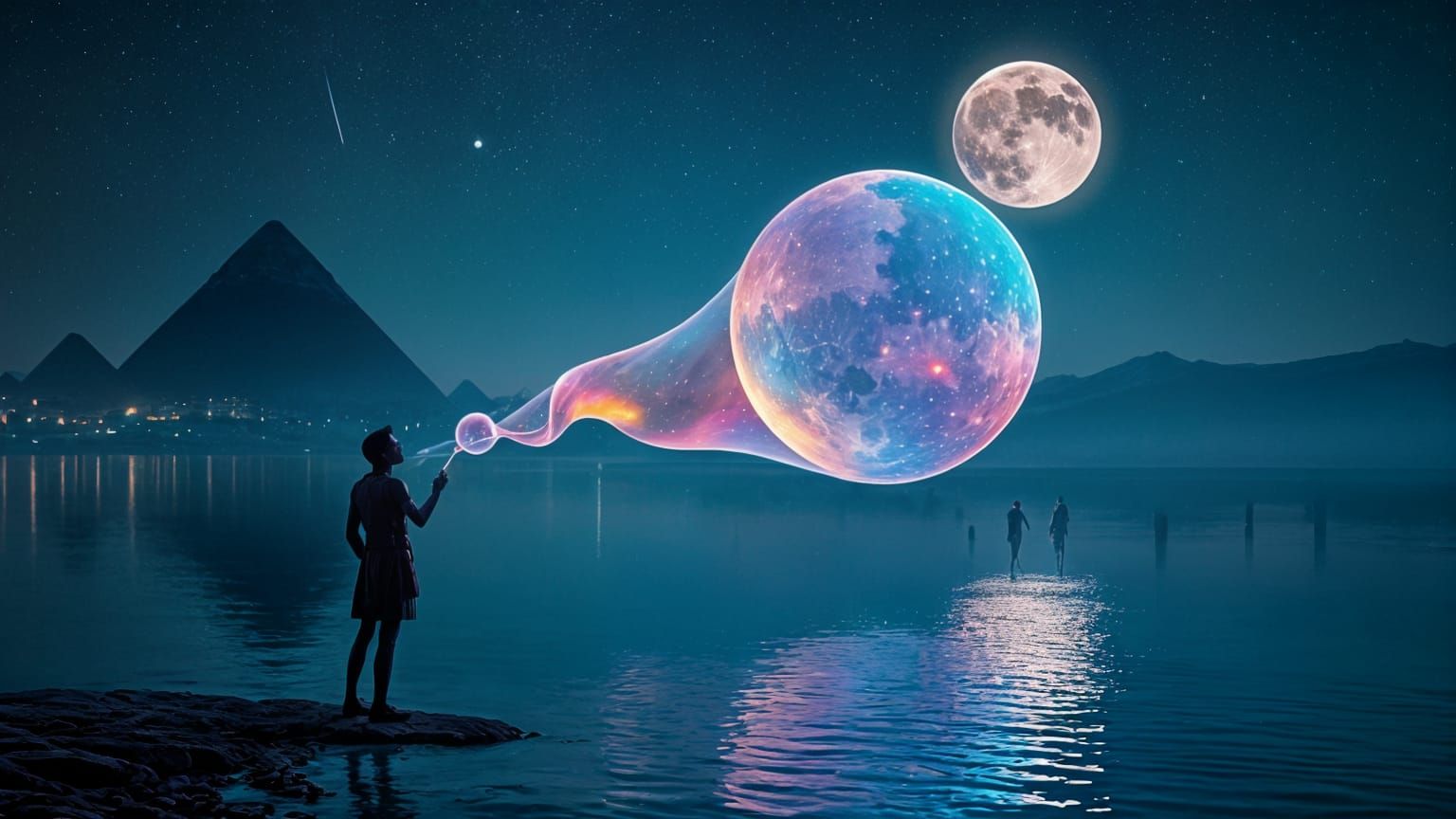 Magical Moonlit Egyptian Skyline with Bubblegum Bubbles in T...