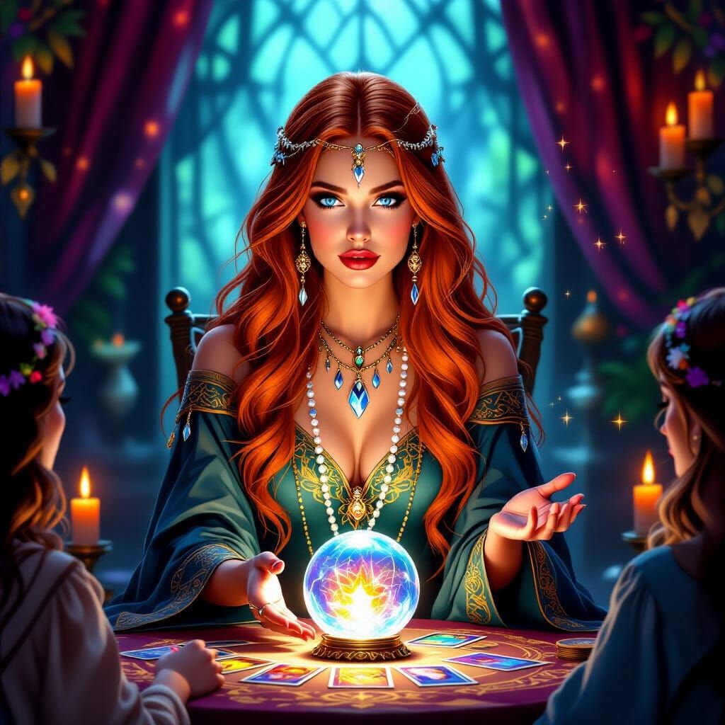 Mystic Fortune Teller Reading Tarot in Candlelit Shop