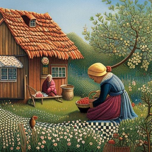 Blooming Fruit Trees in Grandmother's Garden