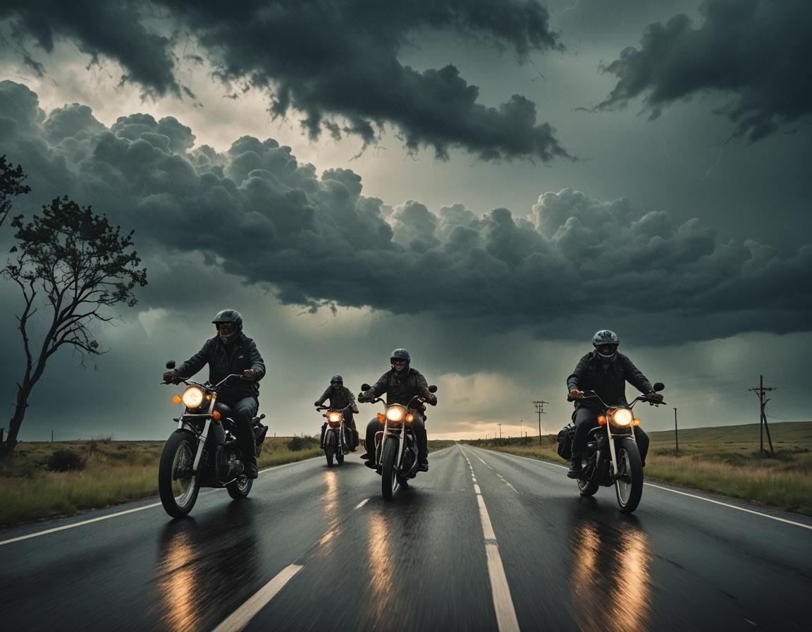 Ghost Bikers Ride Through Stormy Sky