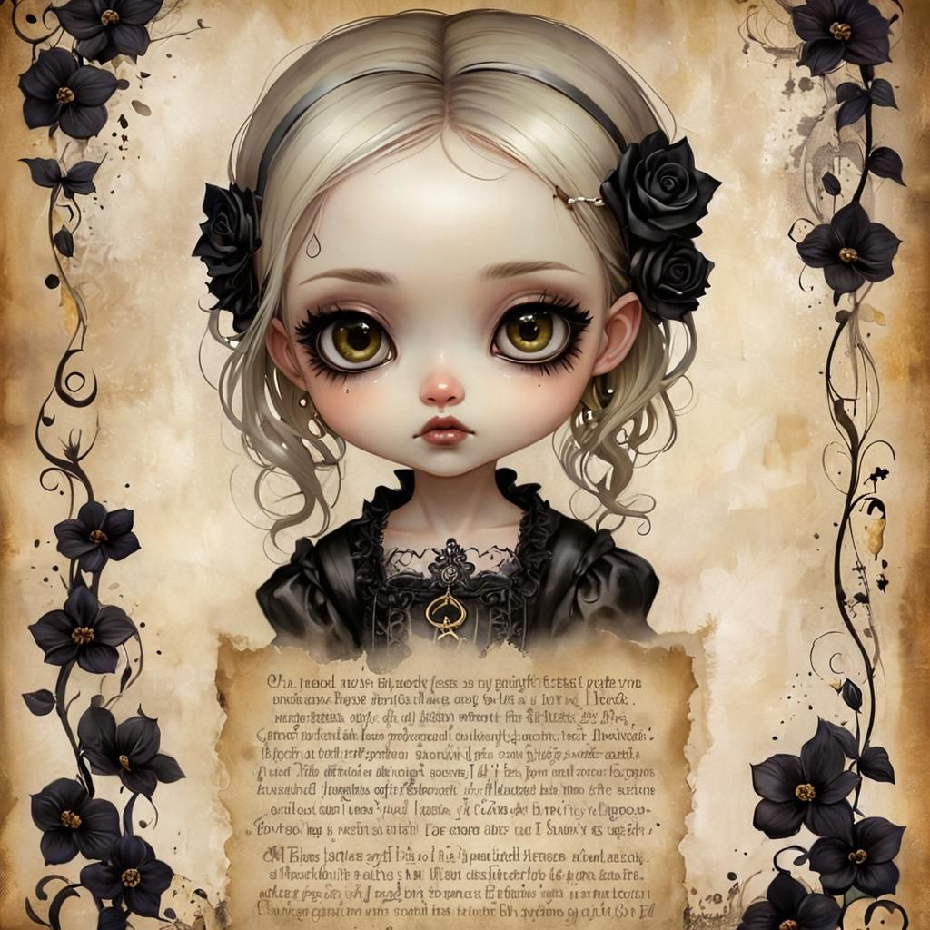 Gothic Chibi Girl with Black Flowers, Watercolor Style
