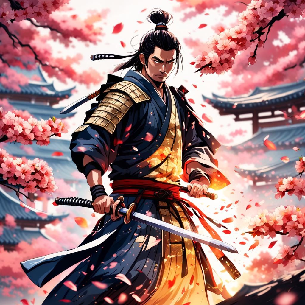 Samurai in Sakura Storm: Digital Anime Painting