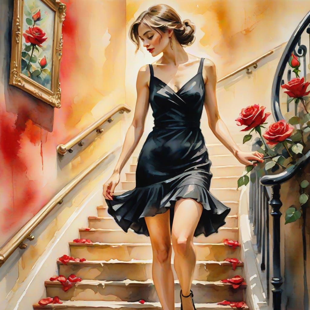 Elegant Woman Climbing Stairs in Watercolor Impasto
