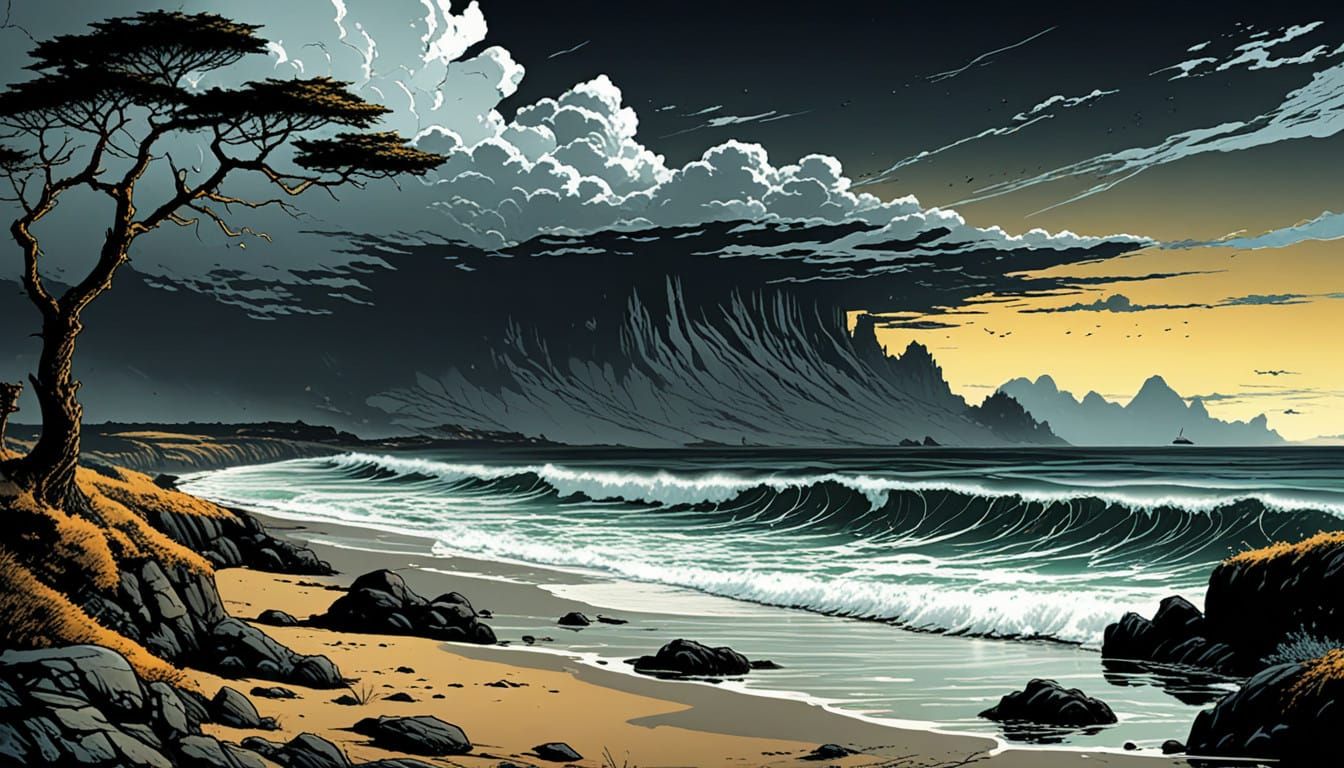 Eerie Stormy Shore in Chiaroscuro Style