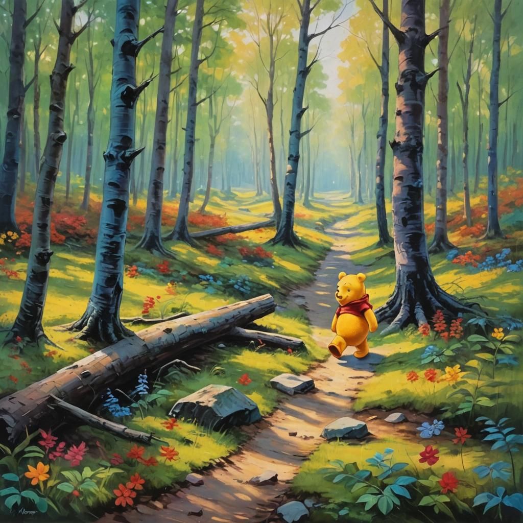 Winnie the Pooh in Forest, Oil Painting