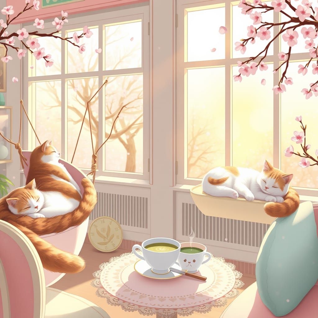 Sunlit Cat Café in Japanese Kawaii Style