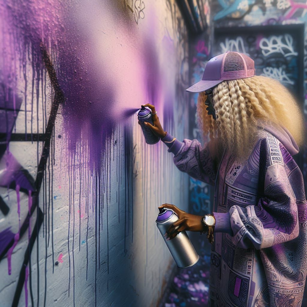 Urban Art: Woman Spray Painting Graffiti Wall in HDR