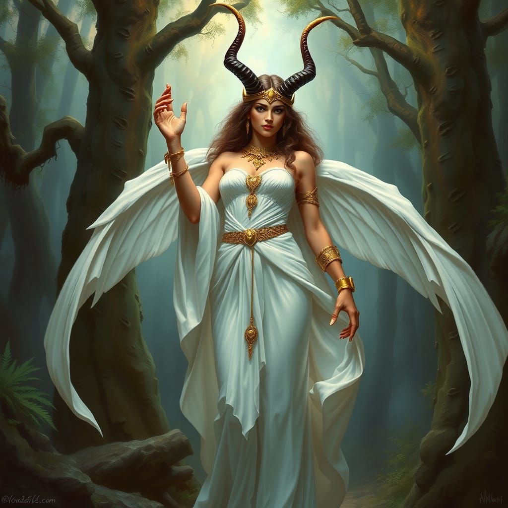 Mystical Horned Goddess in a Vibrant Forest