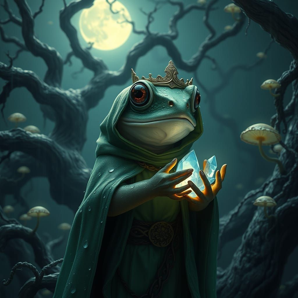 Amphibian King in Emerald Cloak Holds Parablue Under Moonlit...
