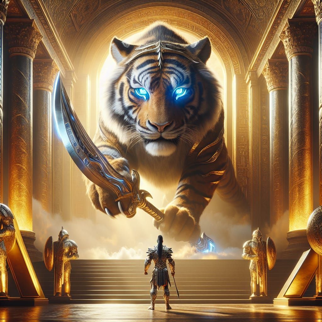 Armored Tiger Guardian with Sword and Golden Temple