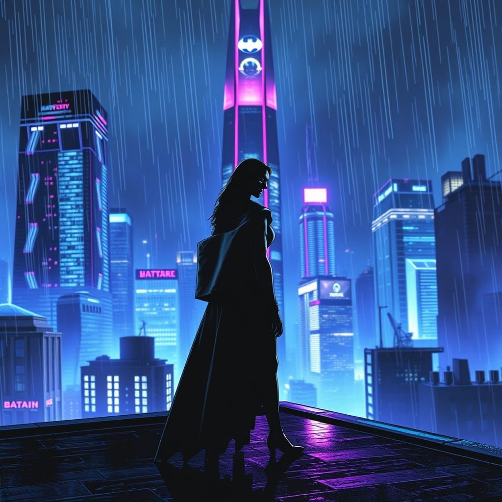 Batman Fan Sonja on Rooftop Overlooking Futuristic Gotham