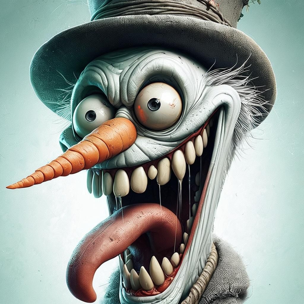 A whimsical picture of a grim, imperfect old snowman with a crazy look, an old carrot nose and wrinkles, and a crazy gli...