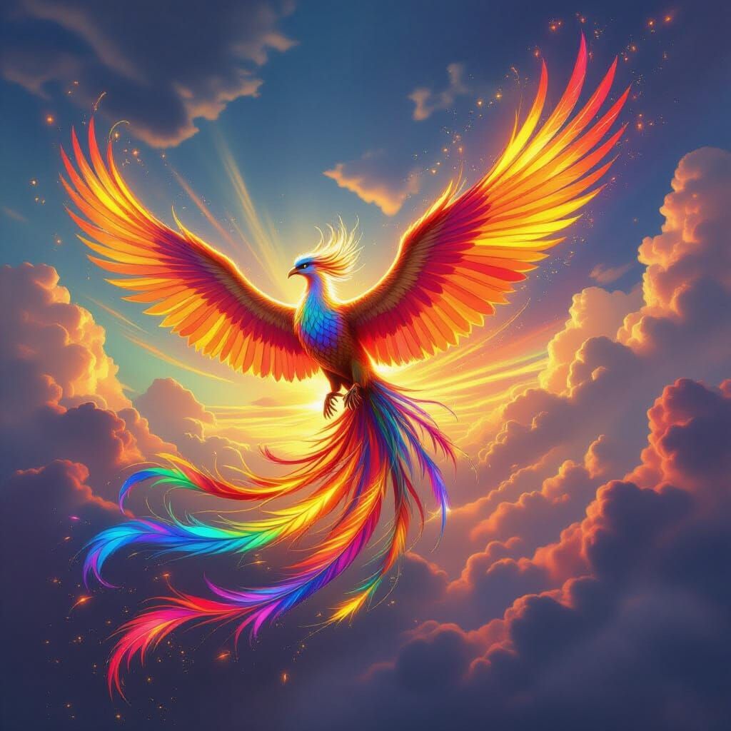 Majestic Phoenix Soars with Rainbow Flames in Dramatic Fanta...