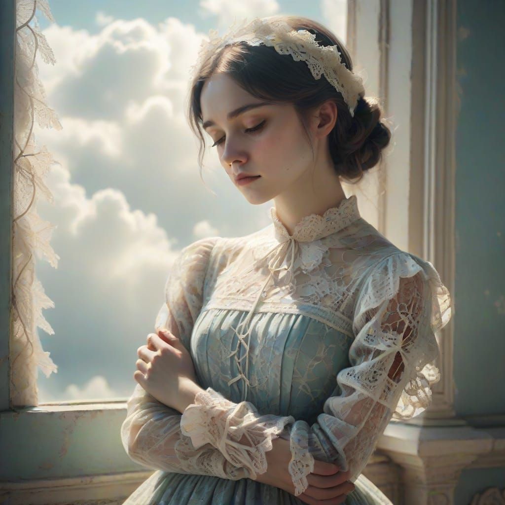 Sad Girl in Lace Dress with Dreamy Surrealist Background