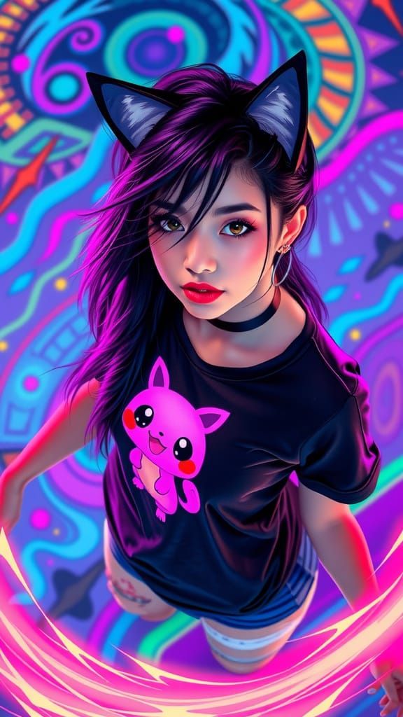 Psychedelic Portrait of Woman with Cat Ears