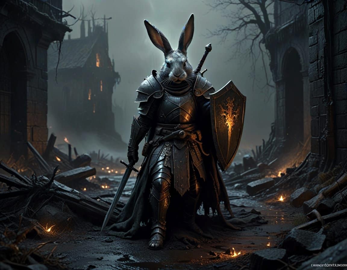 Ethereal Warrior Rabbit in Apocalyptic Surrealist Landscape