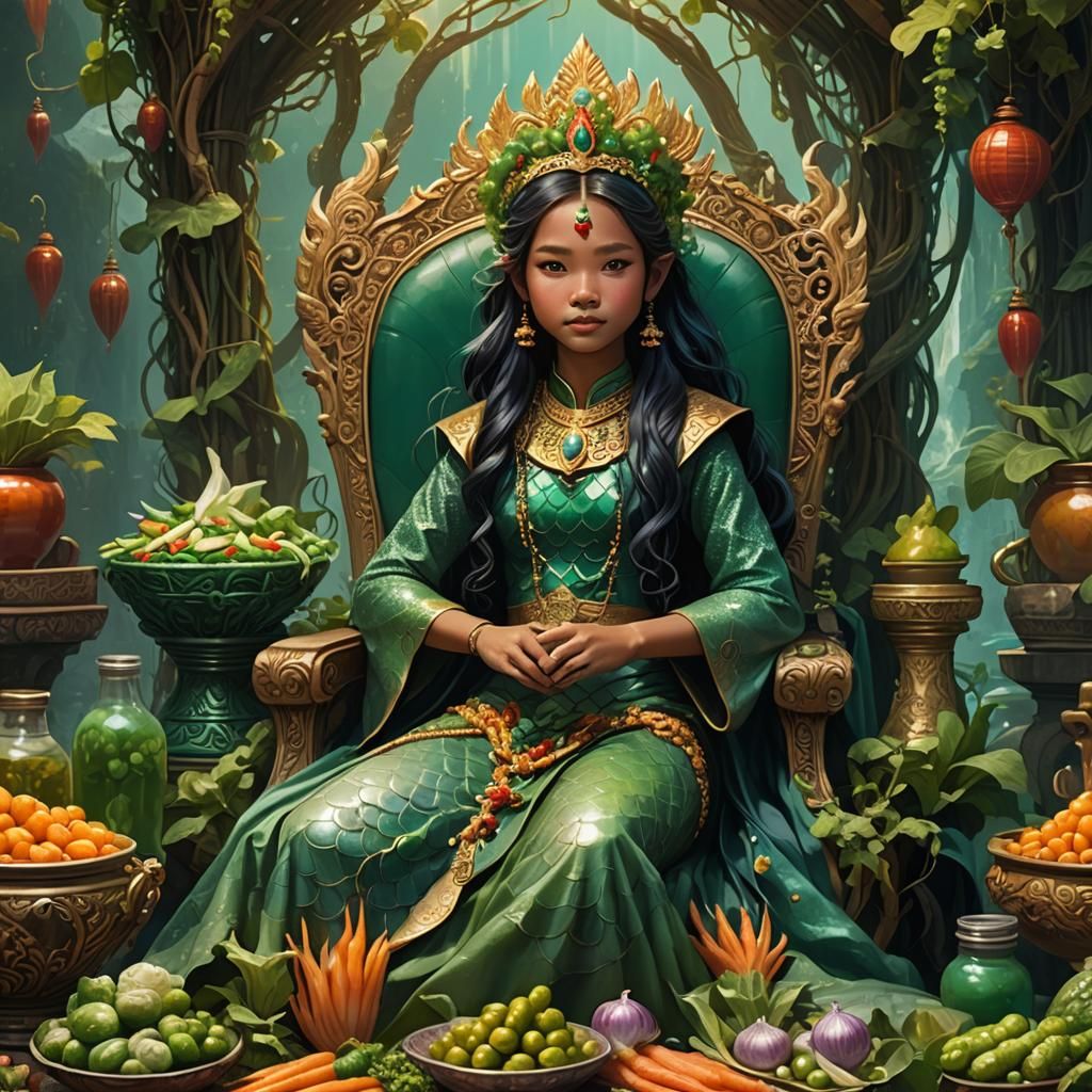 Cambodian Mermaid Princess on Pickle Throne, Fantasy Art