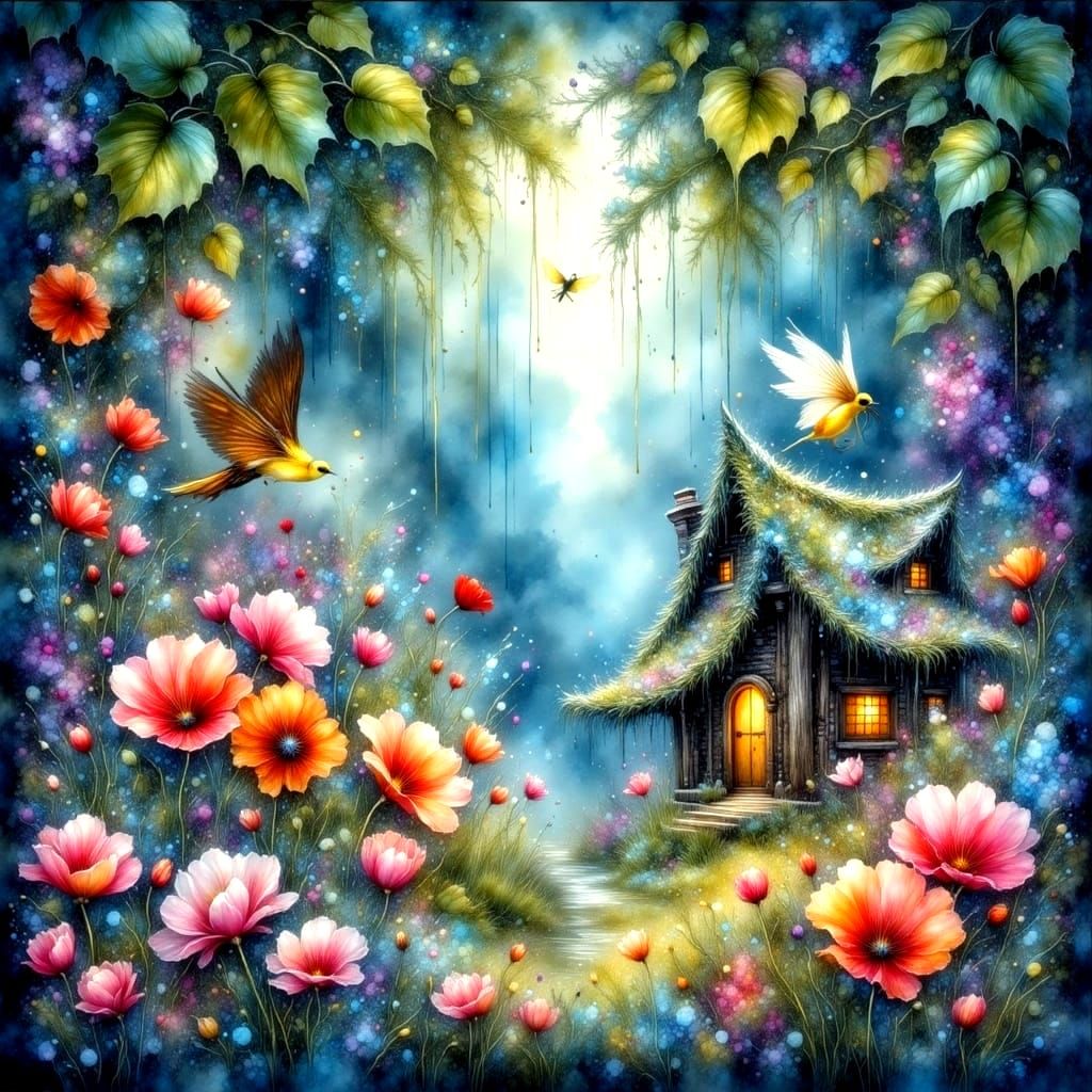 <lora:Alcohol Ink Grunge:1.0> Whimsical, fantasy, Watercolor. Upside down fairy garden bathed in brilliant light, array ...