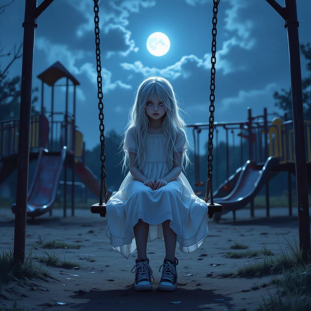 Ethereal Girl on Swing in Moonlit Playground