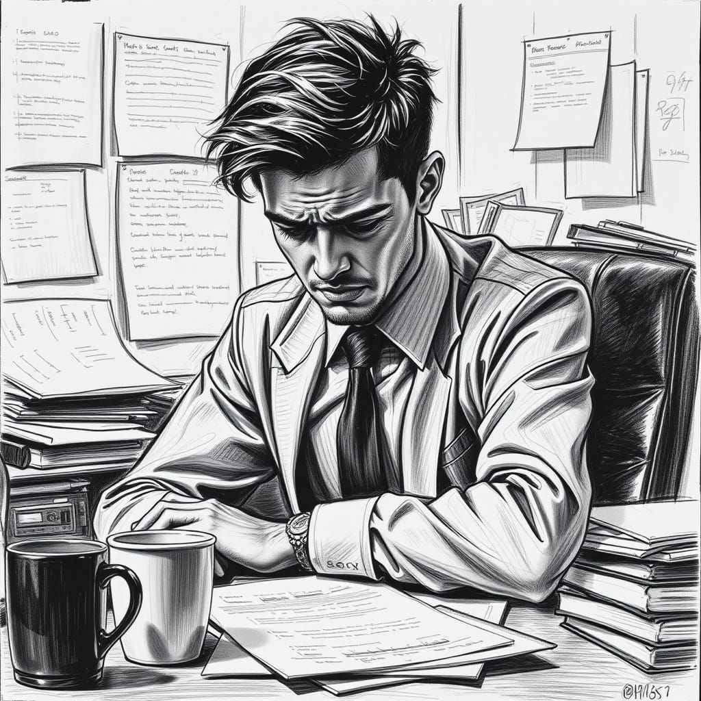 Overworked Professional: Charcoal Drawing in Expressive Styl...