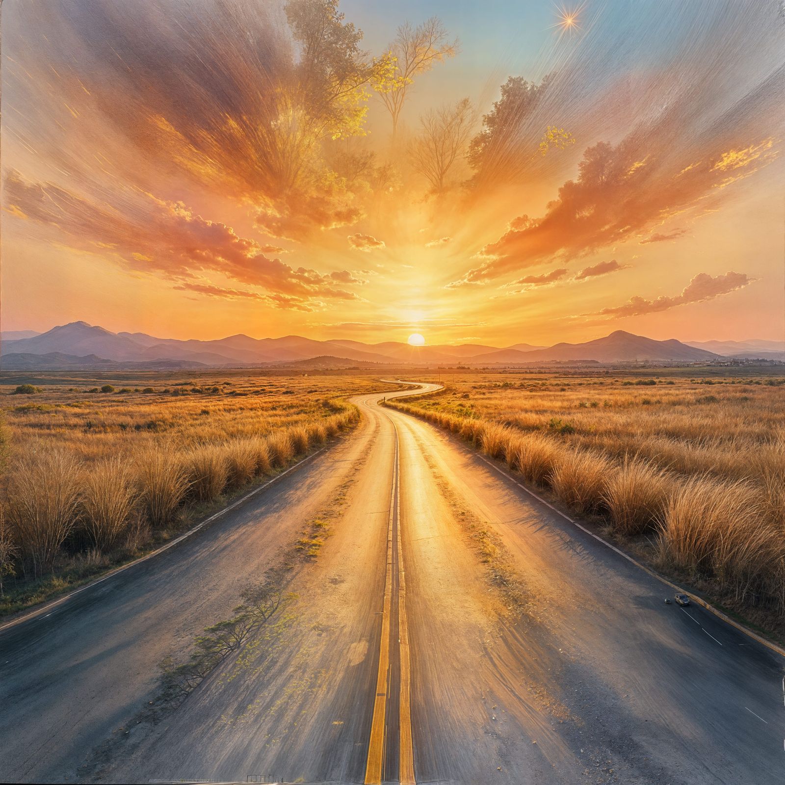 Winding Road to Sunrise in Watercolor Style