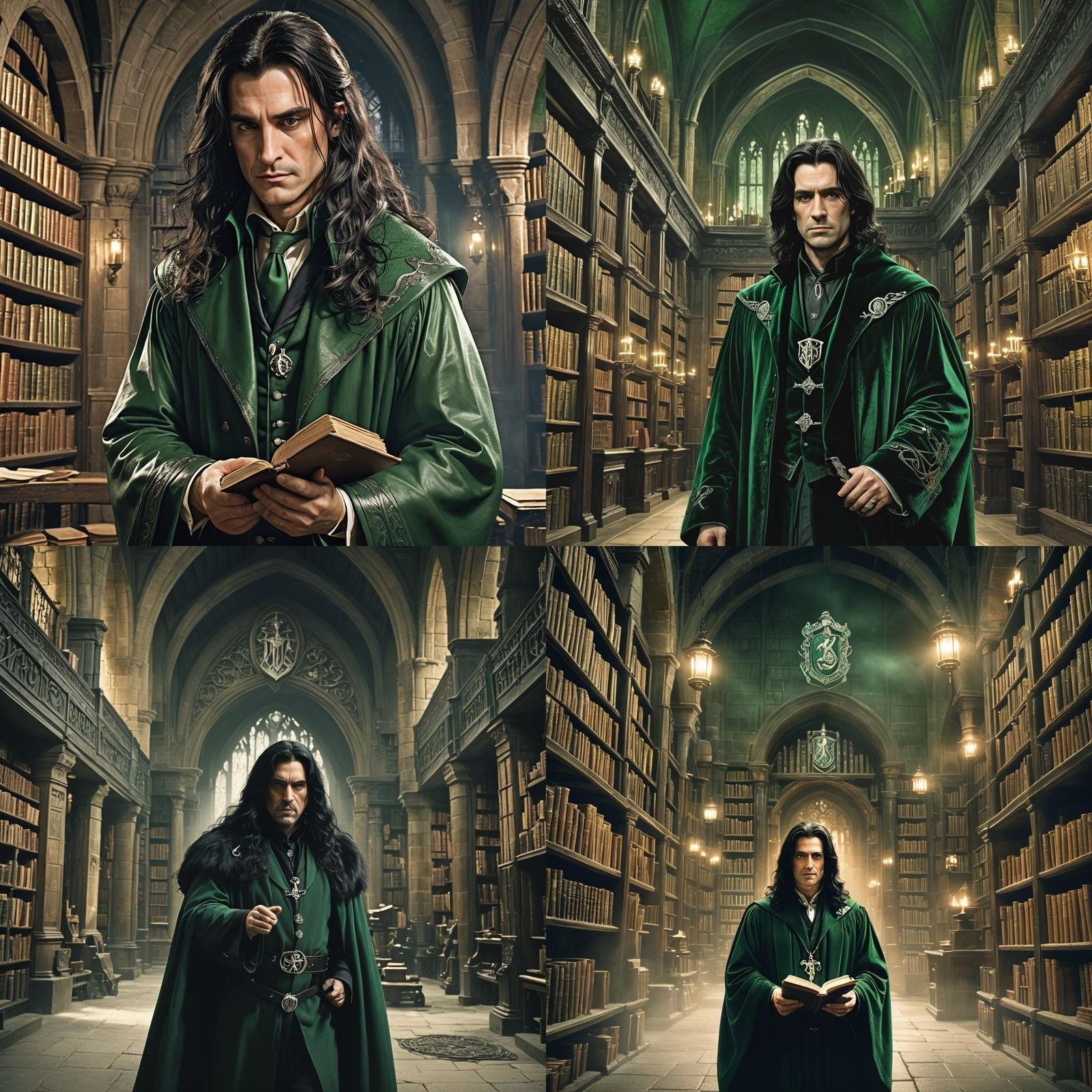 Slytherin Wizard in Castle Library: Cinematic Film Still