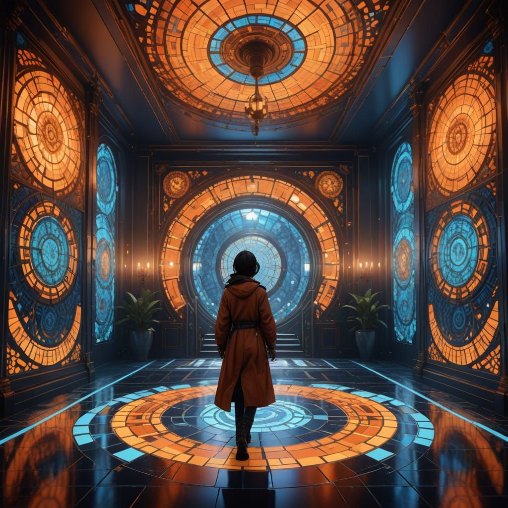 Woman in Mirrored Chamber with Geometric Patterns