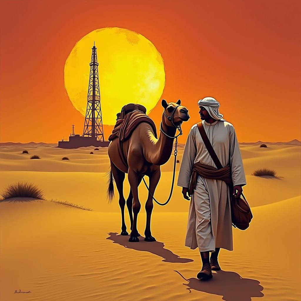 Nomadic Figure Walks Camel Across Desert Landscape with Oil ...