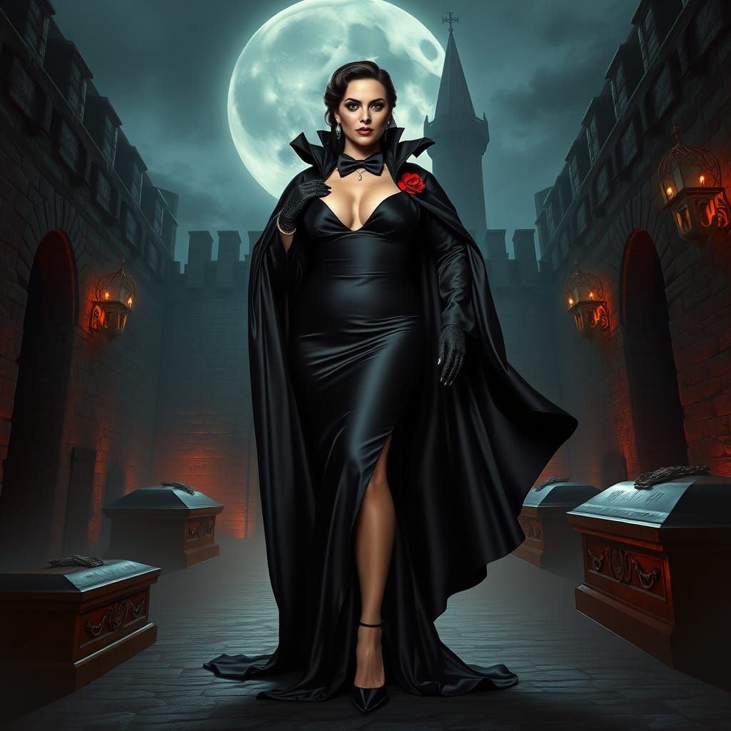 Gothic Countess in Black Tie Elegance with Vampiric Touch