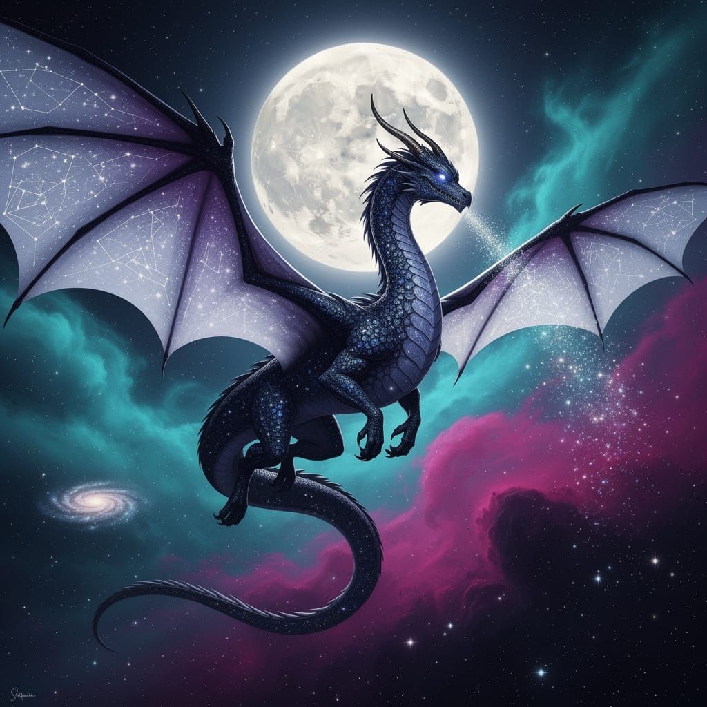 Majestic Moon Dragon Soaring Through Nebula Sky