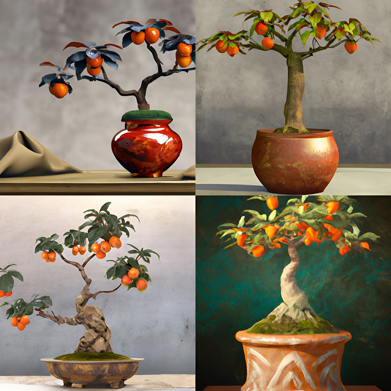 Bonsai Persimmon Tree with Ripe Fruit in Oil Painting Style