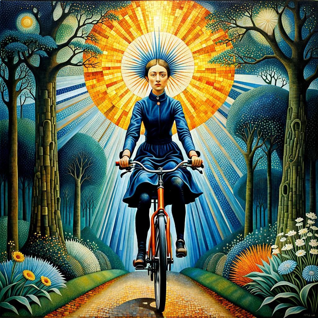 Person Rides Bike in Garden with Mosaic Rays