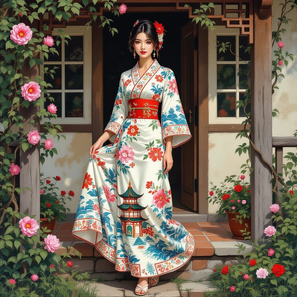 Chinoiserie Woman on Cottage Porch in Oil Painting Style