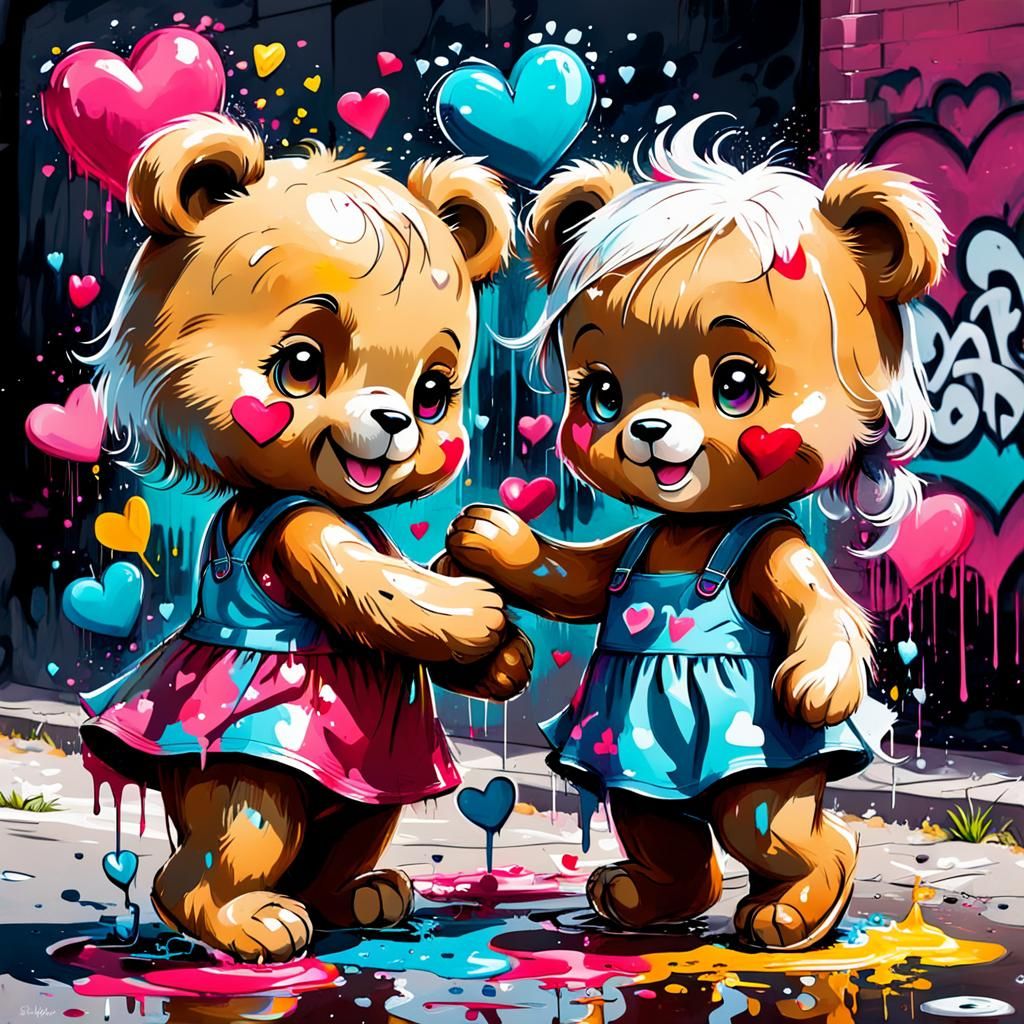 Happy Baby Girls Playing with Teddy Bears in Graffiti Art