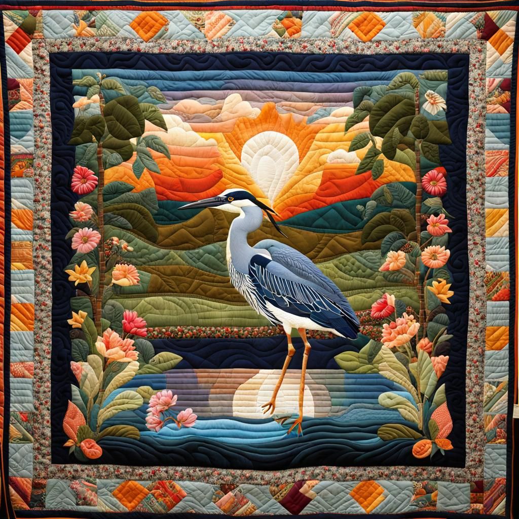Night Heron Quilt: Vibrant Folk Art Tapestry
