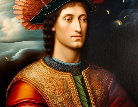 Renaissance Nomad in Thunderstorm, Detailed Oil Painting