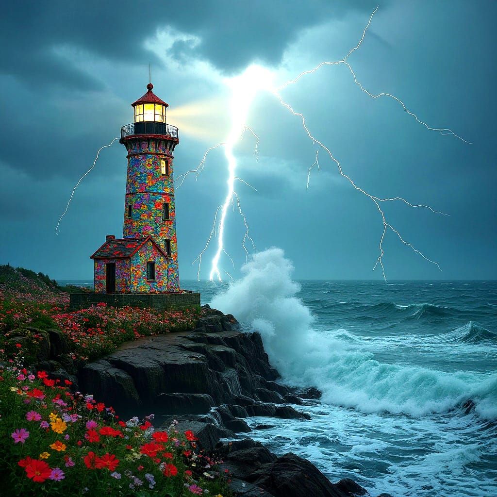 Lighthouse in Storm: Cinematic Film Still