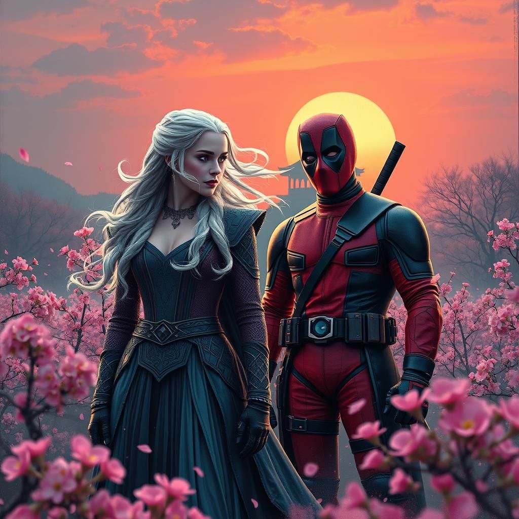 Daenerys and Deadpool in Cherry Blossom Field Art