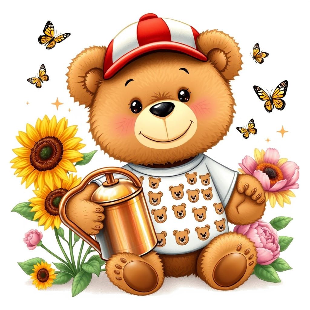 Whimsical Cartoon Teddy Bear Nourishes Blooming Sunflowers