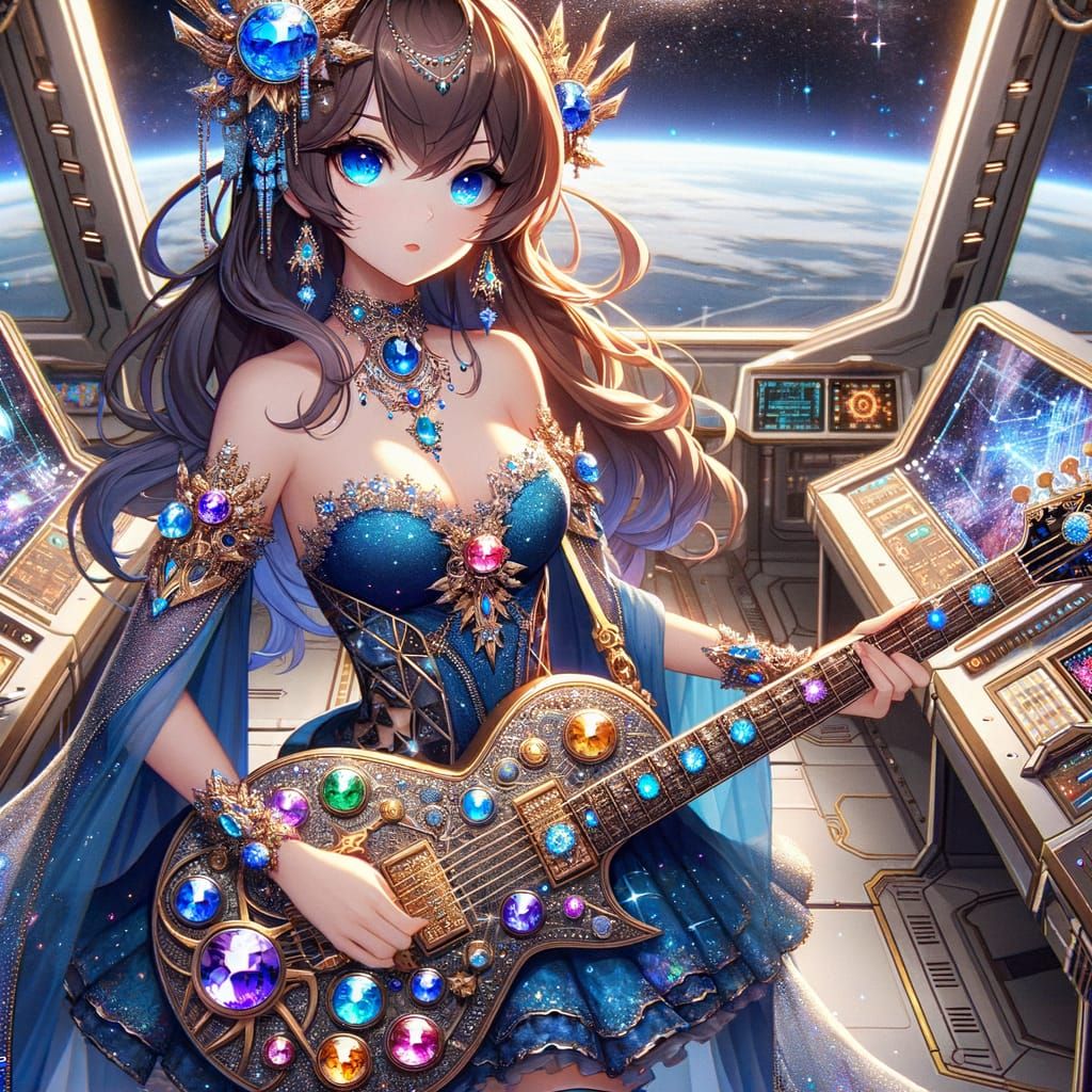 Anime Woman with Celestial Guitar in Spacecraft
