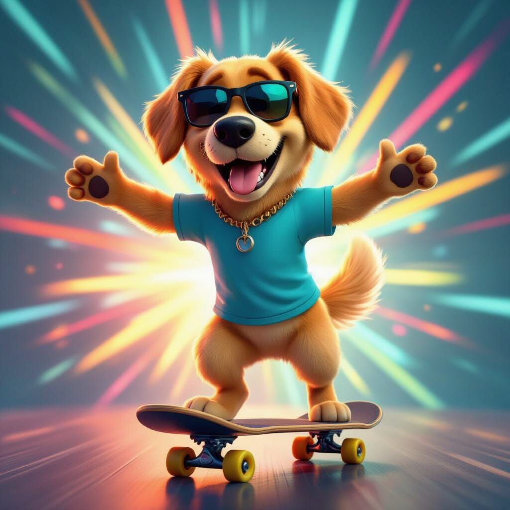 Golden Retriever Skateboarder in Neon T-Shirt