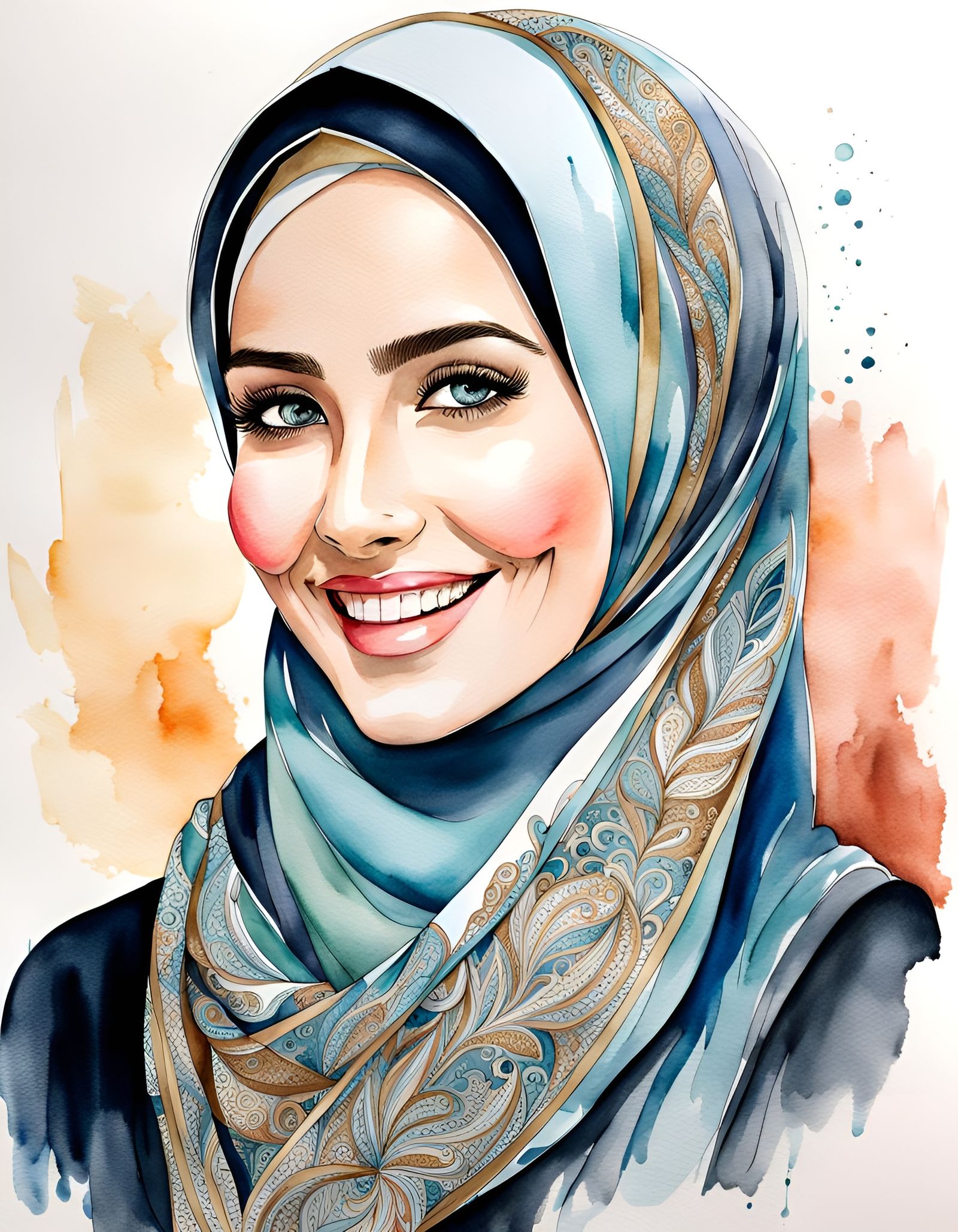 Beautiful Woman in Hijab, Watercolor and Ink