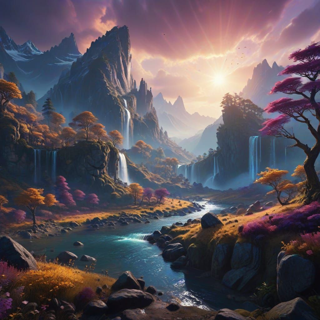 Ethereal Fantasy Realm with Majestic Mountains and Glowing F...