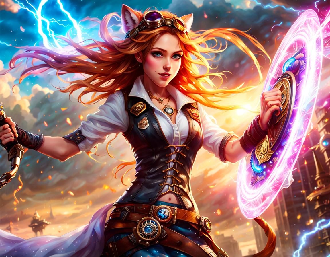 Epic Fox Girl Battle Scene in Steampunk Style