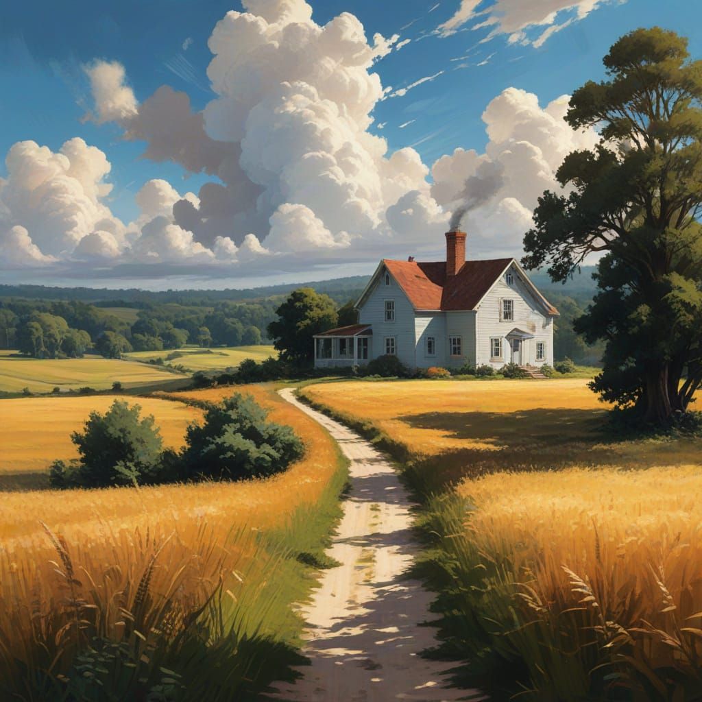 Golden Wheat Field and Farmhouse Summer Landscape
