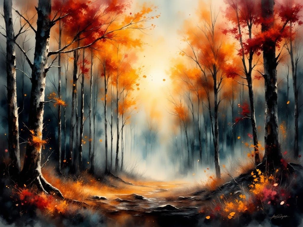 Ethereal Autumn Forest in Watercolor and Impasto