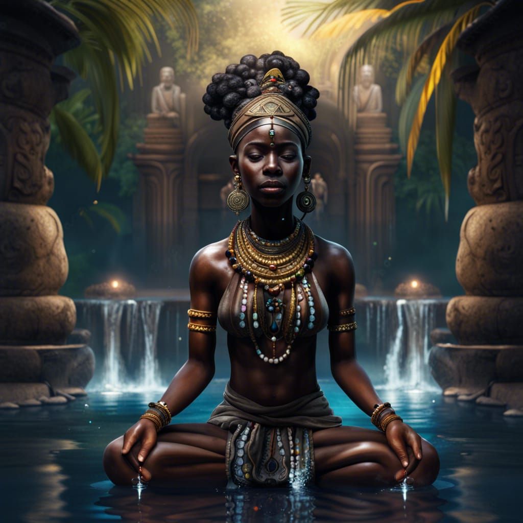Black Yogi Meditation in Tropical Temple